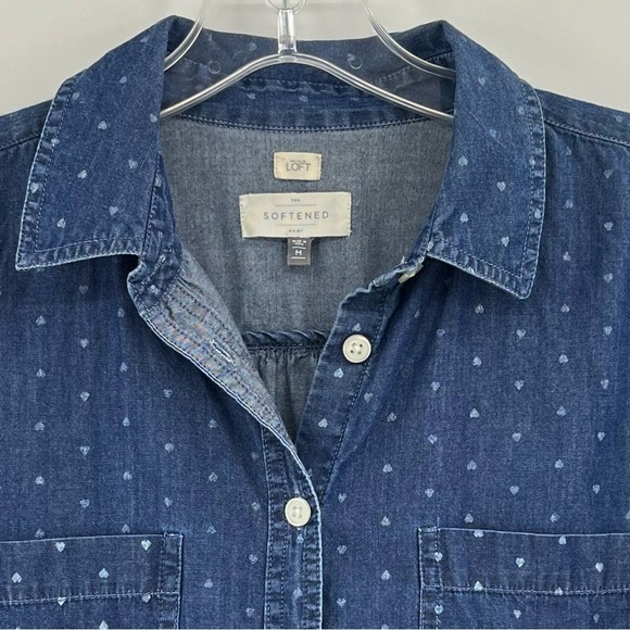 LOFT The Softened Shirt Heart Print Chambray Button Down Blouse Top - Picture 3 of 6